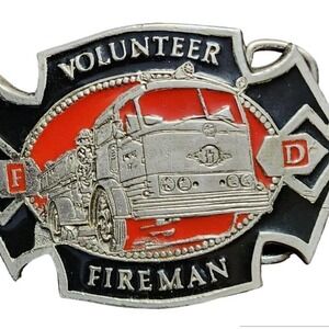 Vintage Volunteer Fireman Belt Buckle FD Fire Truck Logo Black Red Pewter Color